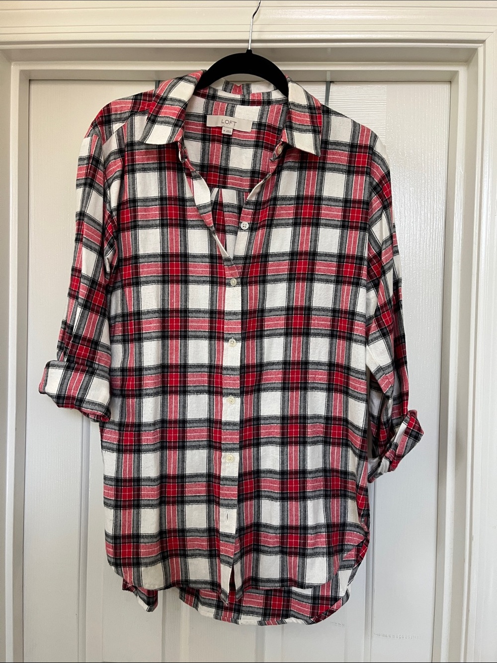 LOFT Red Black and White Plaid Button-Down Shirt